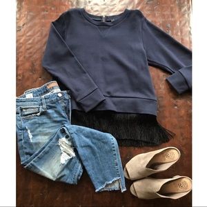 J. Crew Navy Blue Fringed Swatshirt